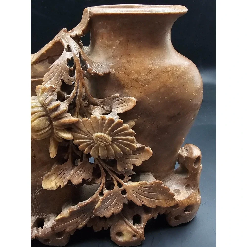 Vintage Chinese Soapstone Double Vase Hand Carved Floral Light Brown 6in SIGNED